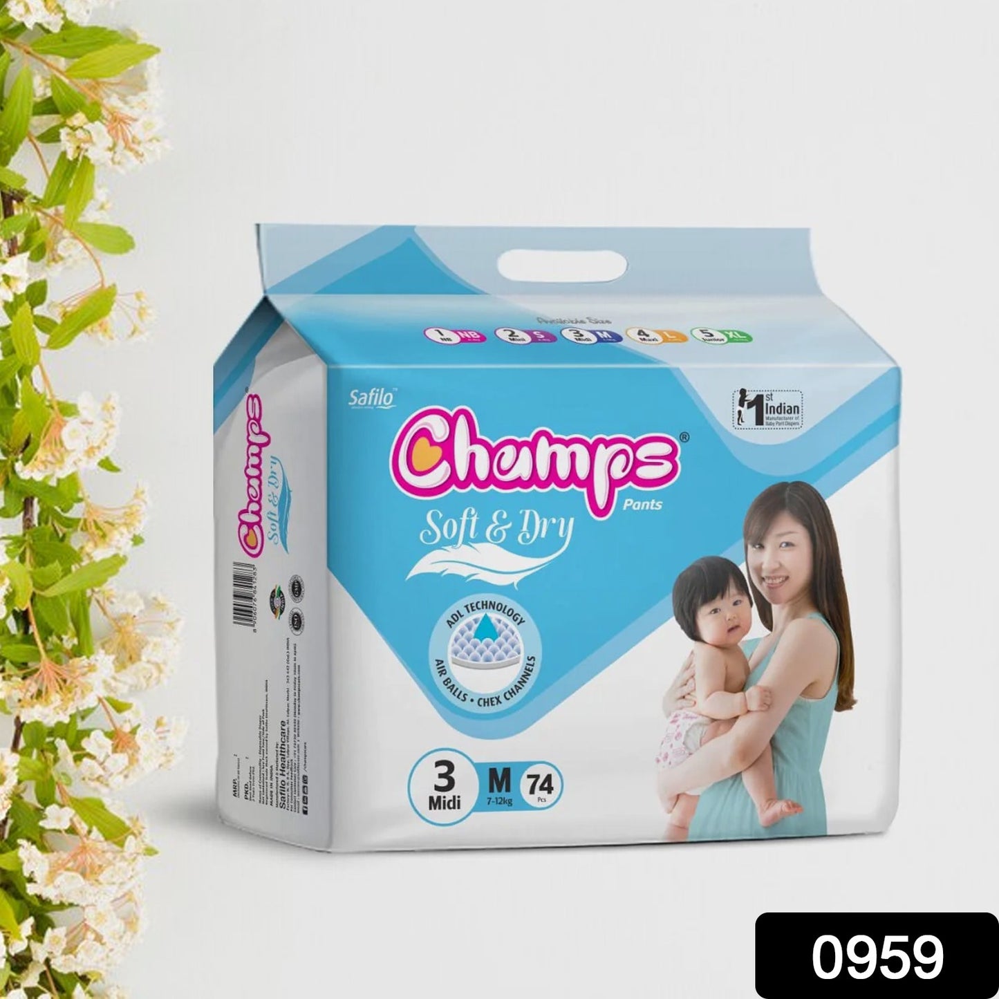 0959 Champs Soft And Dry Baby Diaper Pants 74 Pcs (Medium Size M74)
