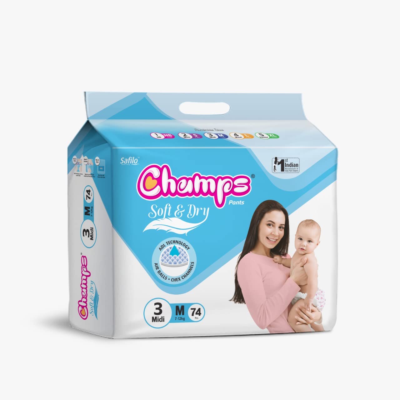0959 Champs Soft And Dry Baby Diaper Pants 74 Pcs (Medium Size M74)